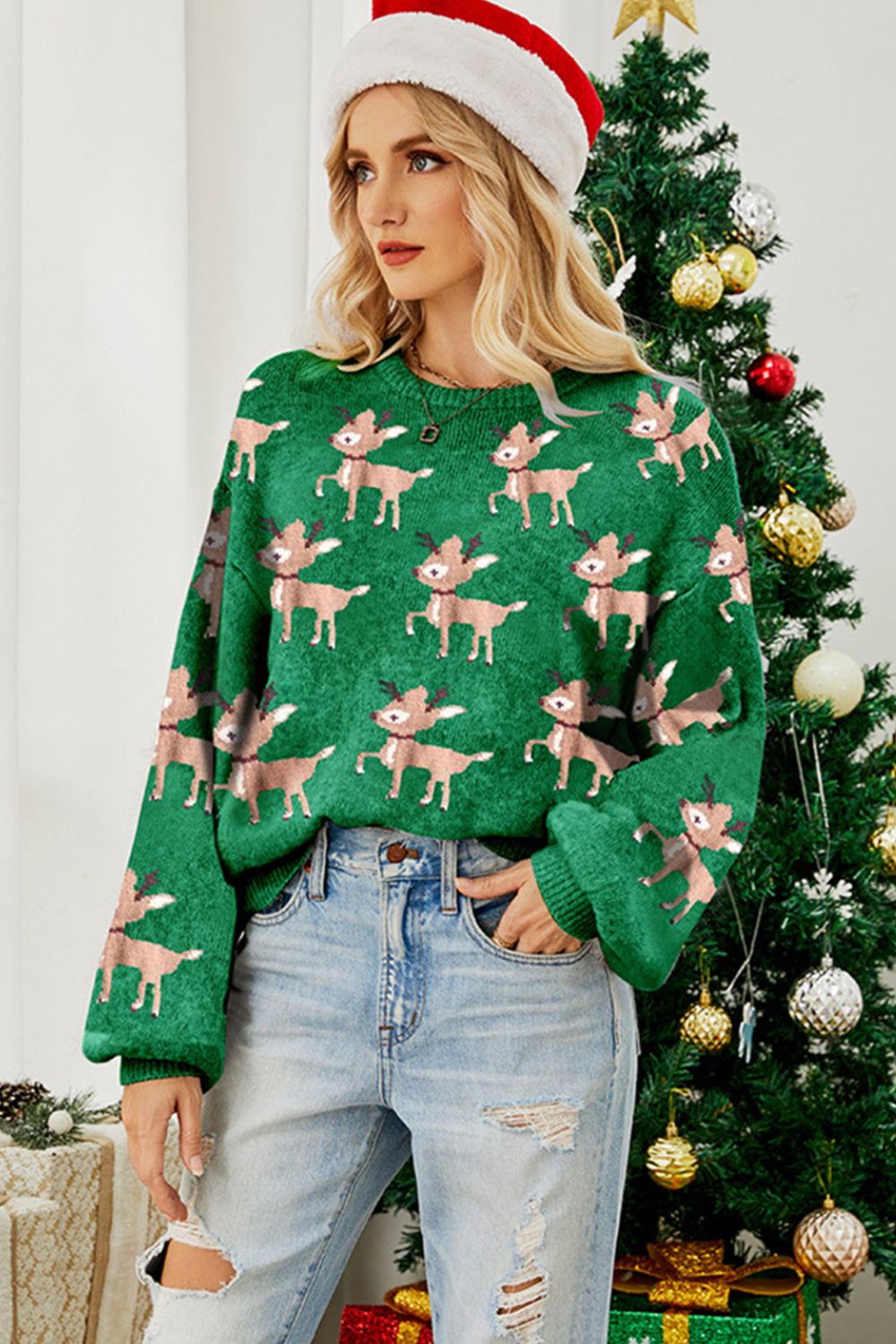 LIZAKOSHT  -  Reindeer Round Neck Drop Shoulder Sweater