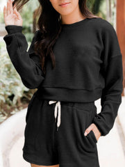 LIZAKOSHT  -  Ribbed Round Neck Long Sleeve Top and Shorts Set
