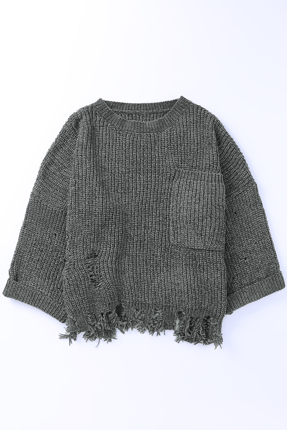 LIZAKOSHT  -  Distressed Round Neck Drop Shoulder Sweater