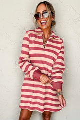 LIZAKOSHT  -  Contrast Striped Johnny Collar Long Sleeve Mini Dress