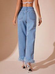 LIZAKOSHT  -  Plush Hem High Rise Straight Jeans