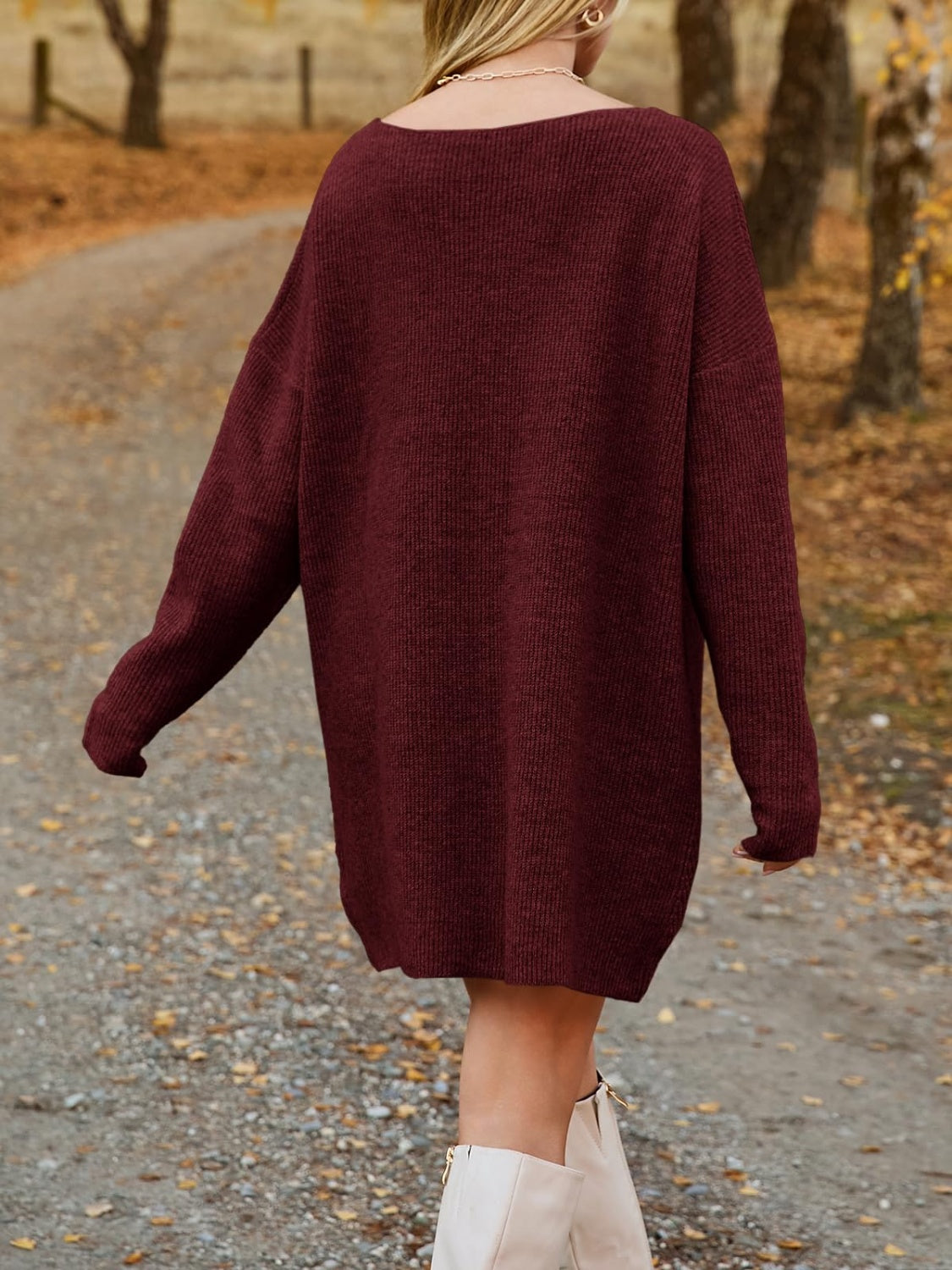 LIZAKOSHT  -  V-Neck Dropped Shoulder Sweater Dress