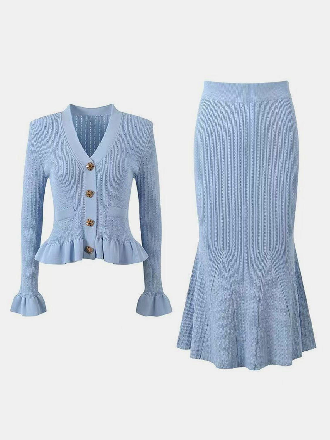 LIZAKOSHT  -  Ruffled V-Neck Top and Midi Skirt Sweater Set