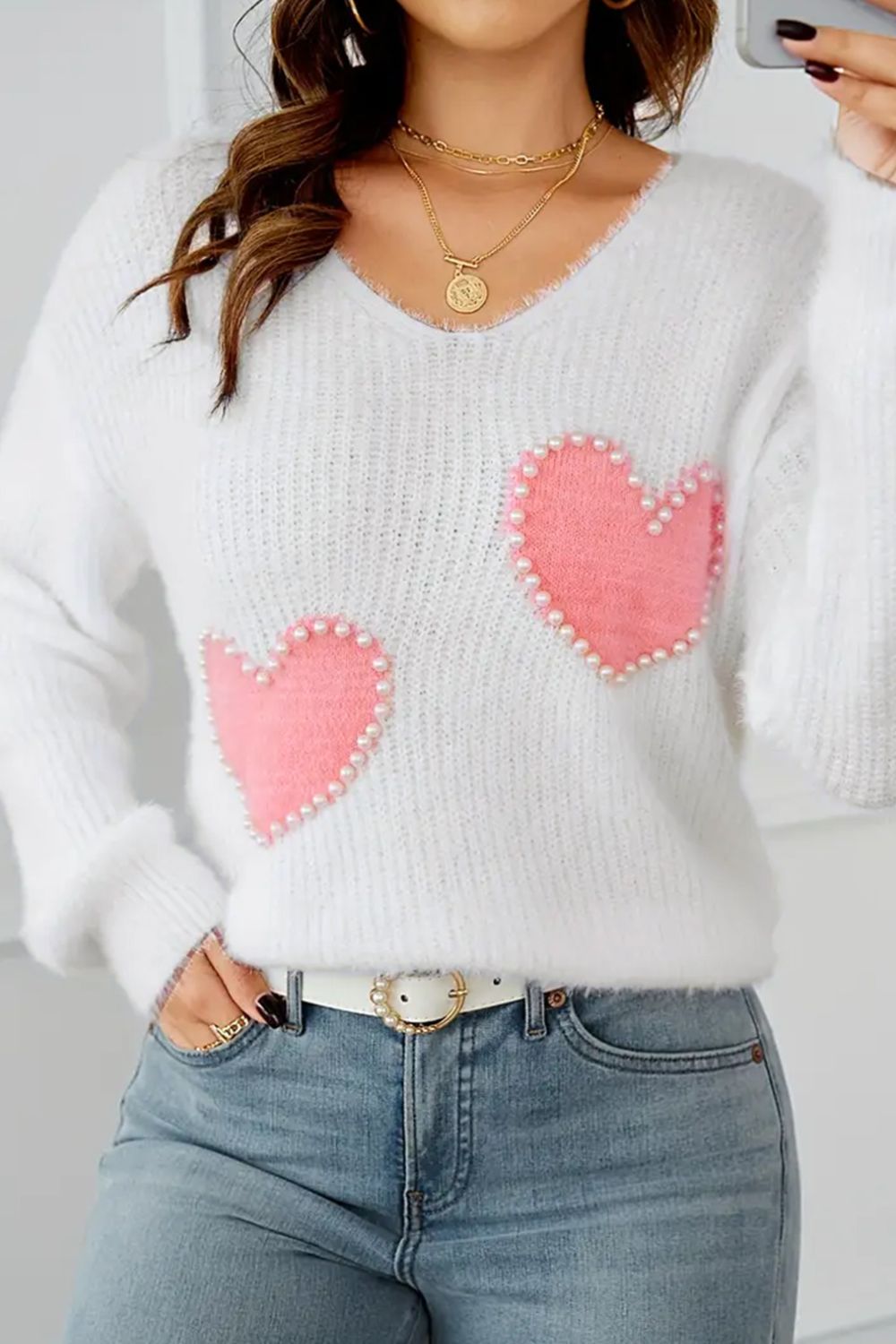 LIZAKOSHT  -  Heart V-Neck Long Sleeve Sweater