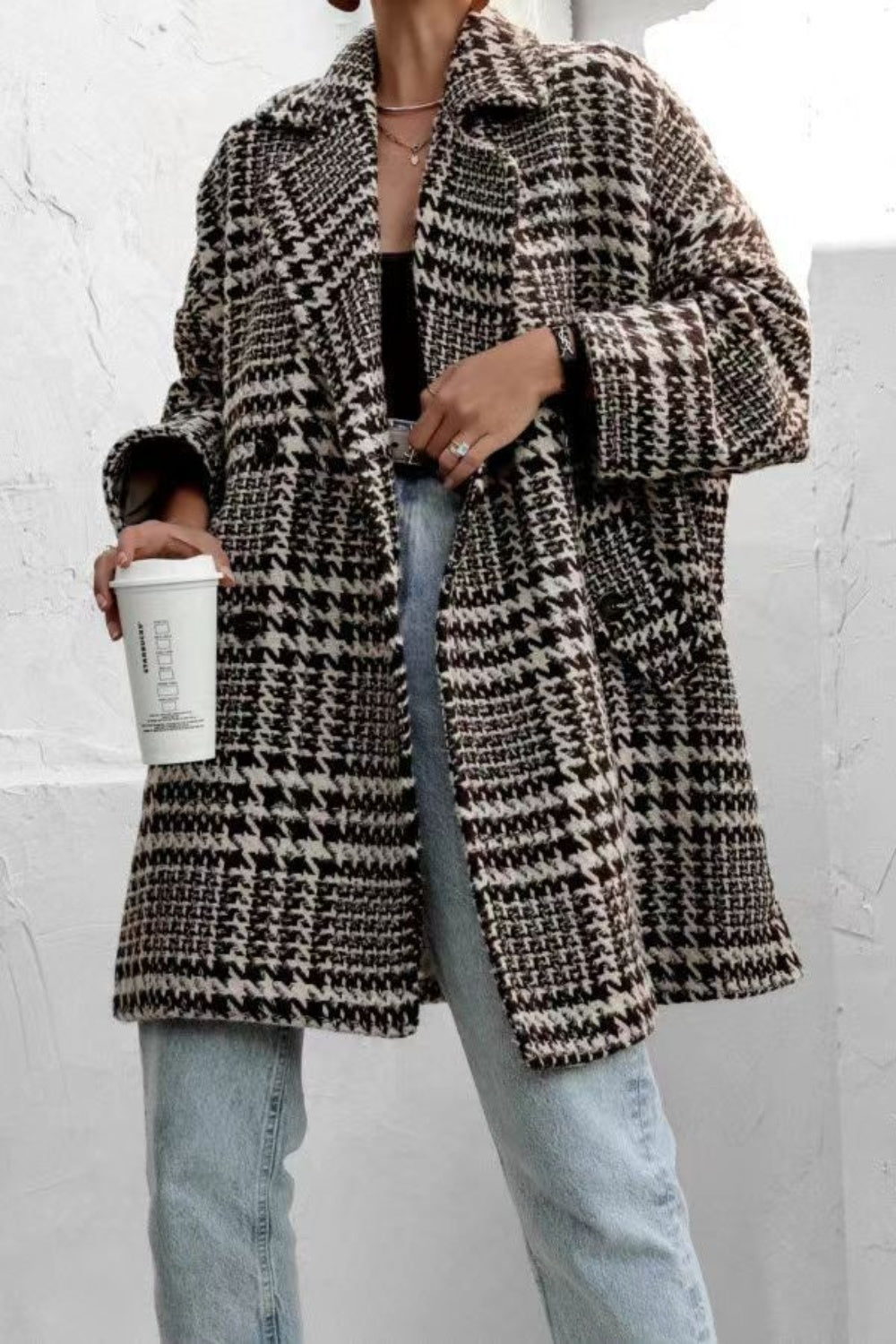 LIZAKOSHT  -  Houndstooth Collared Neck Long Sleeve Coat with Pockets