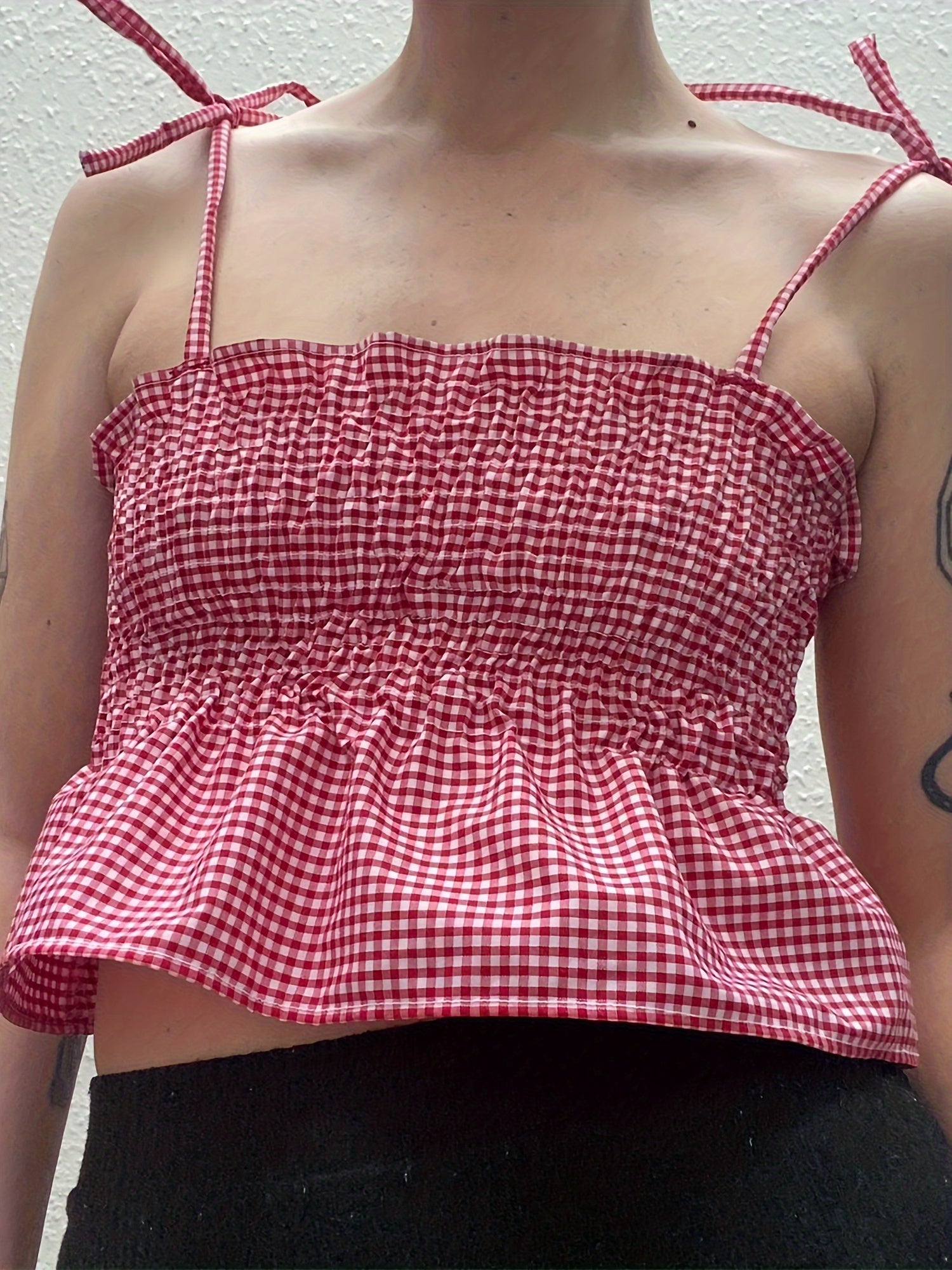LIZAKOSHT  -  Y2K-Inspired Red & White Gingham Print Crop Camisole for Women - Sleeveless Tie-Strap Top with Ruffled Hem, Casual Streetwear & Clubwear, Machine Washable Polyester, Club Fashion Top | Offshoulder Camisole | Pol