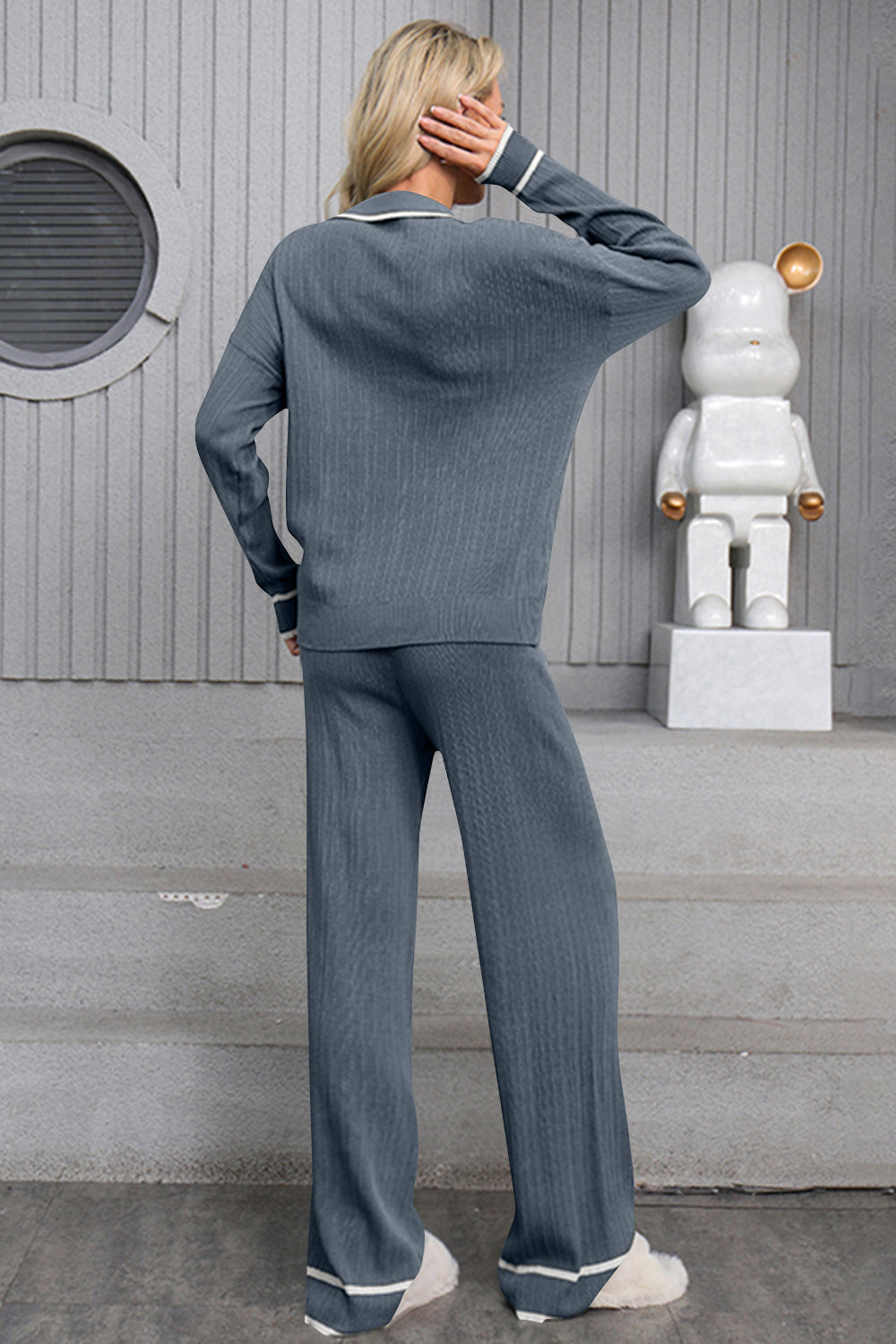 LIZAKOSHT  -  Contrast Trim Johnny Collar Top and Drawstring Pants Sweater Set