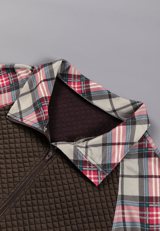 LIZAKOSHT  -  Plaid Half Zip Long Sleeve Sweatshirt