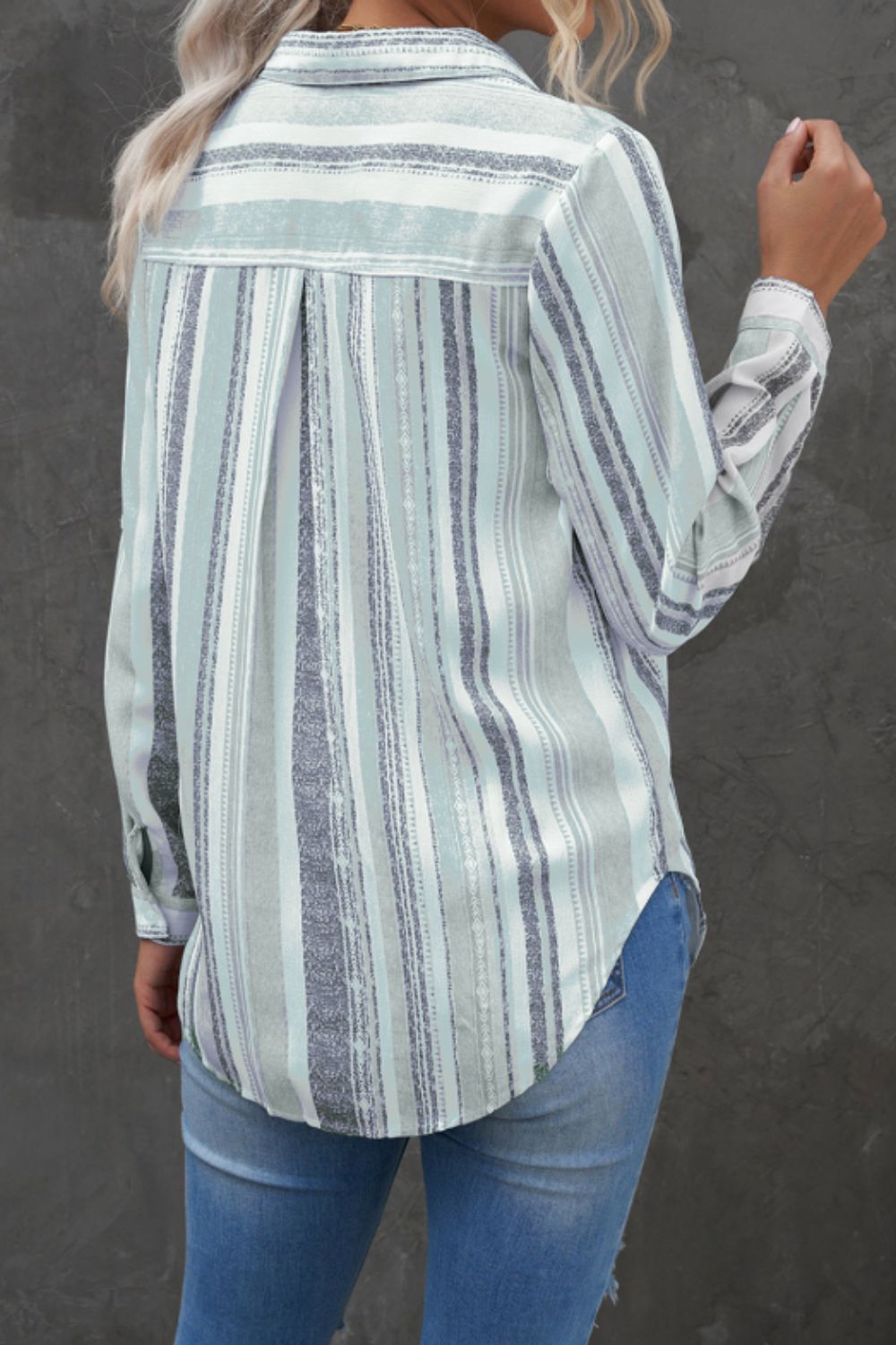 LIZAKOSHT  -  Striped Collared Neck Long Sleeve Shirt