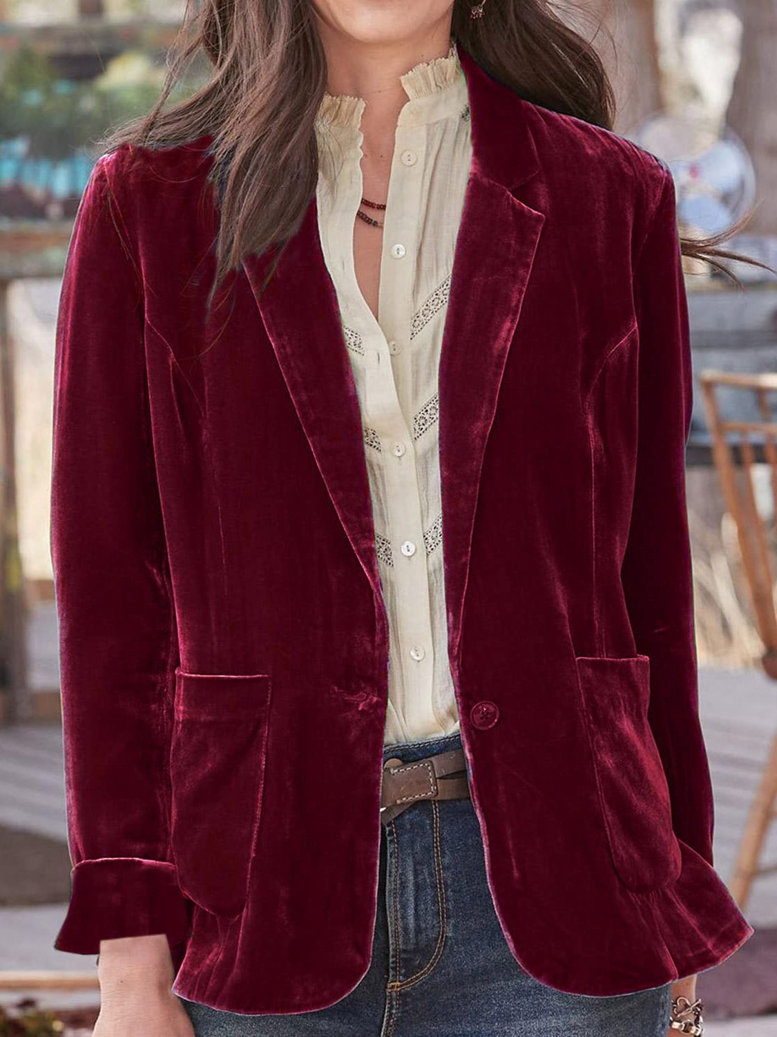 LIZAKOSHT  -  Pocketed Button Up Lapel Collar Blazer