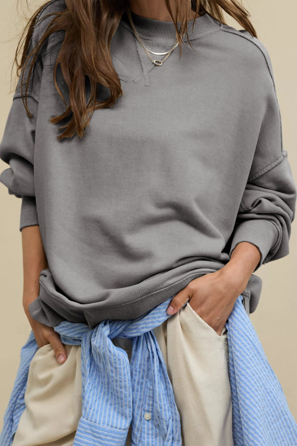 LIZAKOSHT  -  Side Slit Round Neck Long Sleeve Sweatshirt
