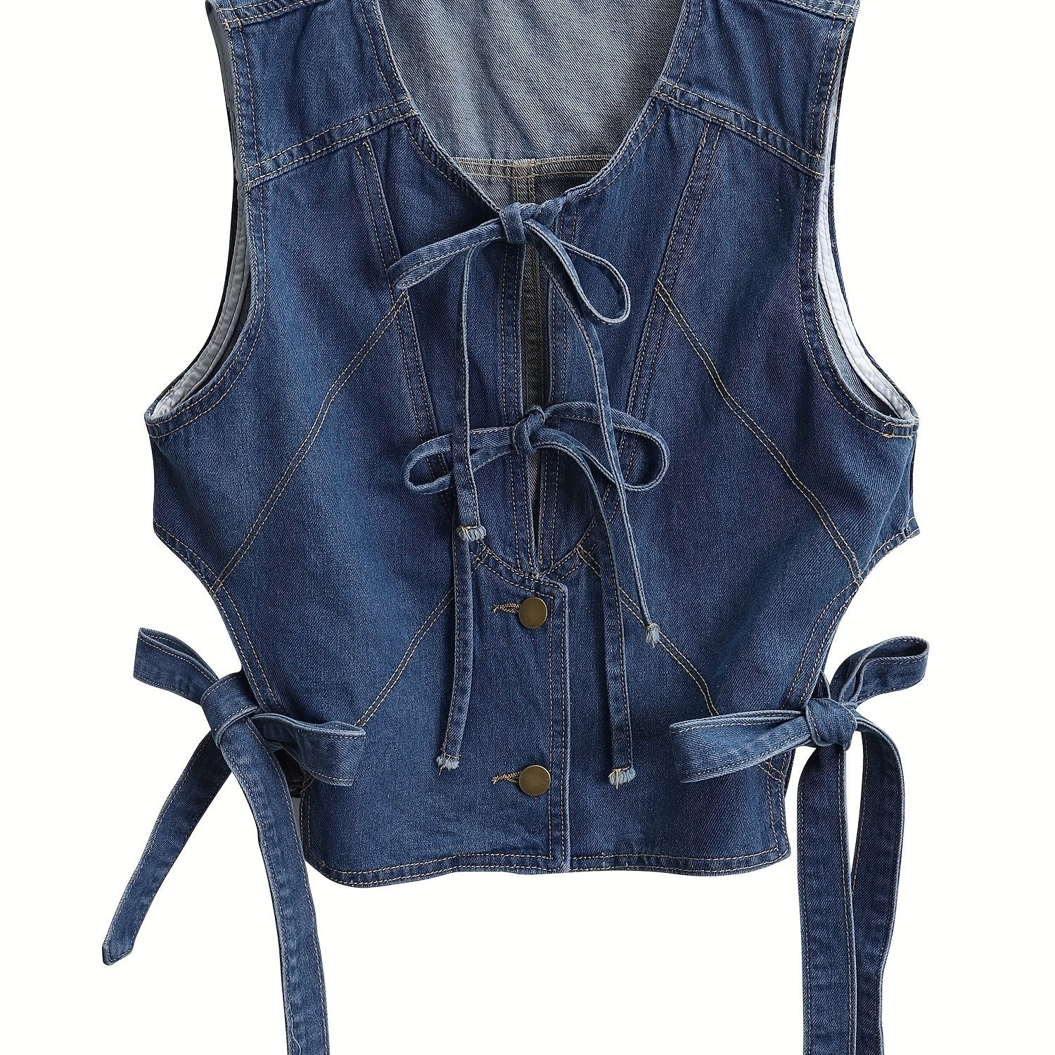 LIZAKOSHT  -  Women's Dark Denim Sleeveless Vest - Casual Spring/Summer Outerwear, Washed Jean Jacket with Adjustable Tie-Front, Functional Pockets, Outdoor Attire | Adjustable Front Tie | Woven Denim Texture