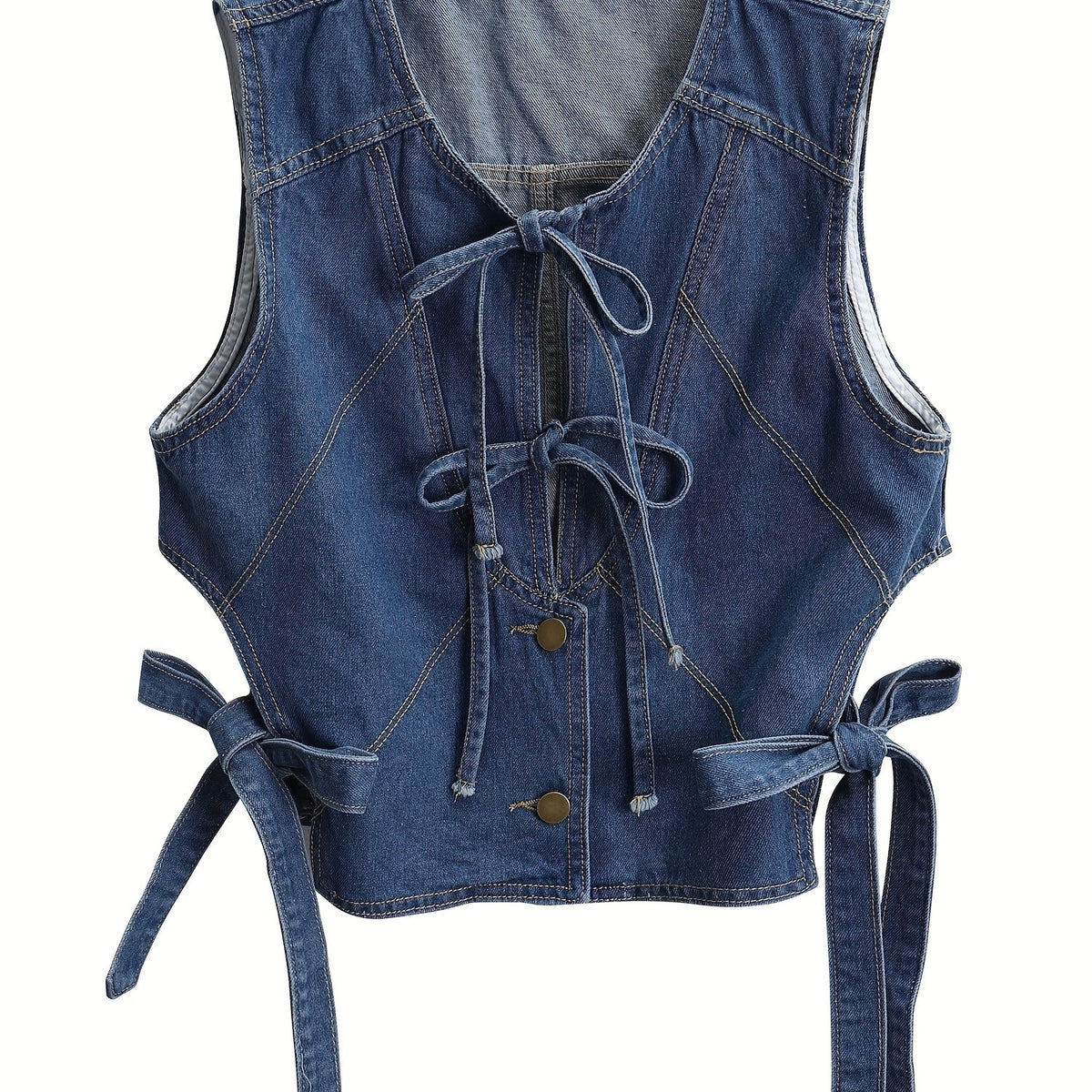 LIZAKOSHT  -  Women's Dark Denim Sleeveless Vest - Casual Spring/Summer Outerwear, Washed Jean Jacket with Adjustable Tie-Front, Functional Pockets, Outdoor Attire | Adjustable Front Tie | Woven Denim Texture