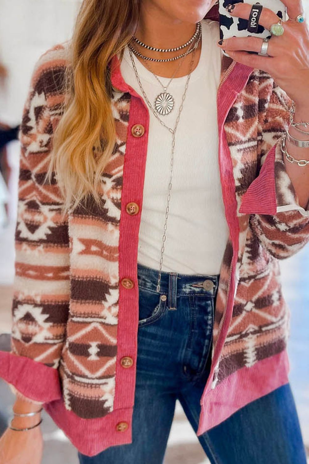 LIZAKOSHT  -  Geometric Button Up Corduroy Trim Jacket