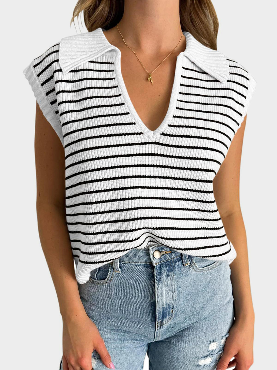 LIZAKOSHT  -  Mandy Collared Neck Striped Sweater Vest