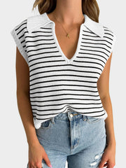 LIZAKOSHT  -  Mandy Collared Neck Striped Sweater Vest