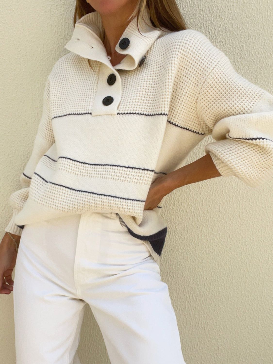 LIZAKOSHT  -  Waffle-Knit Half Button Long Sleeve Sweater