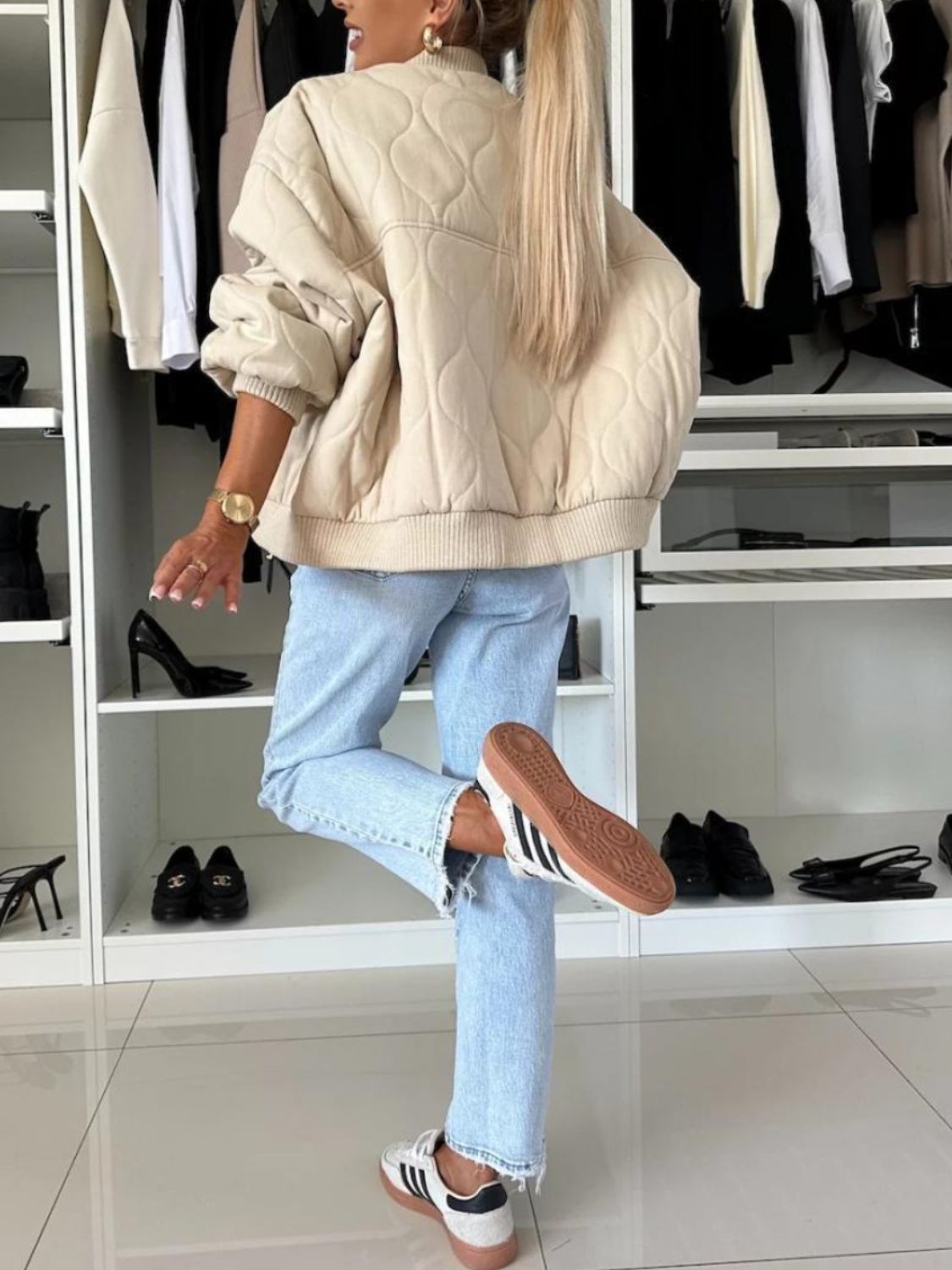 LIZAKOSHT  -  Baseball Collar Snap Down Long Sleeve Jacket