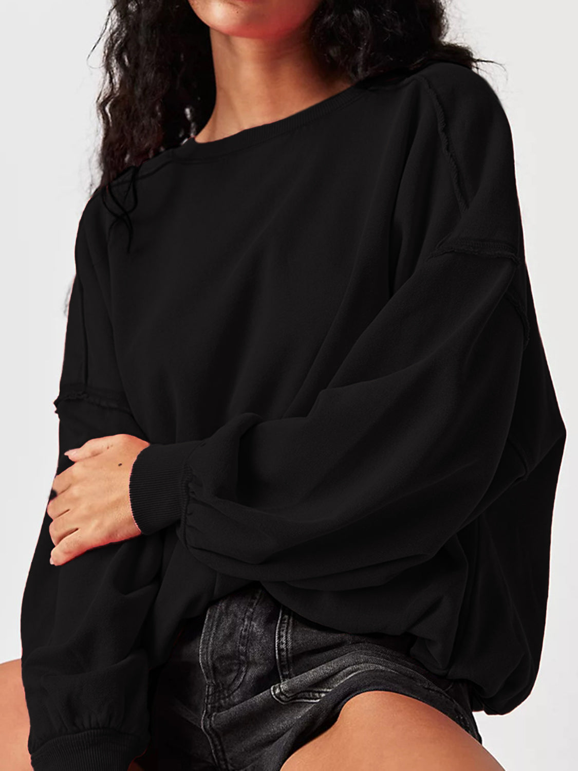 LIZAKOSHT  -  Exposed Seam Round Neck Long Sleeve Sweatshirt