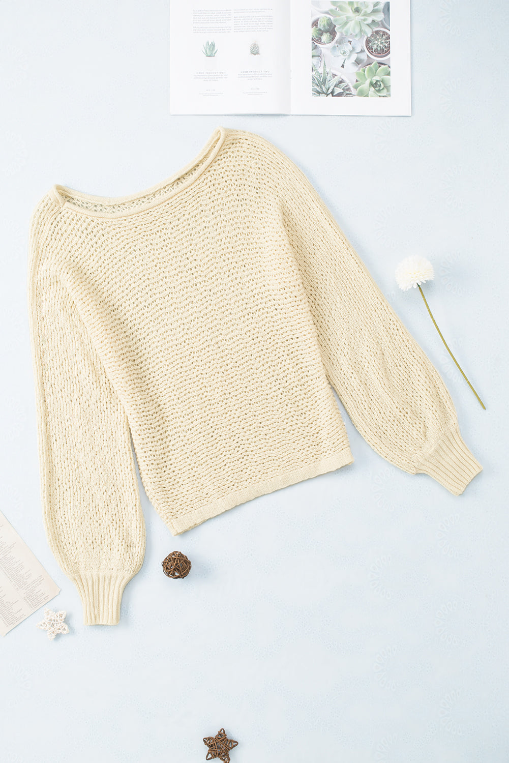 LIZAKOSHT  -  Openwork Boat Neck Raglan Sleeve Knit Top