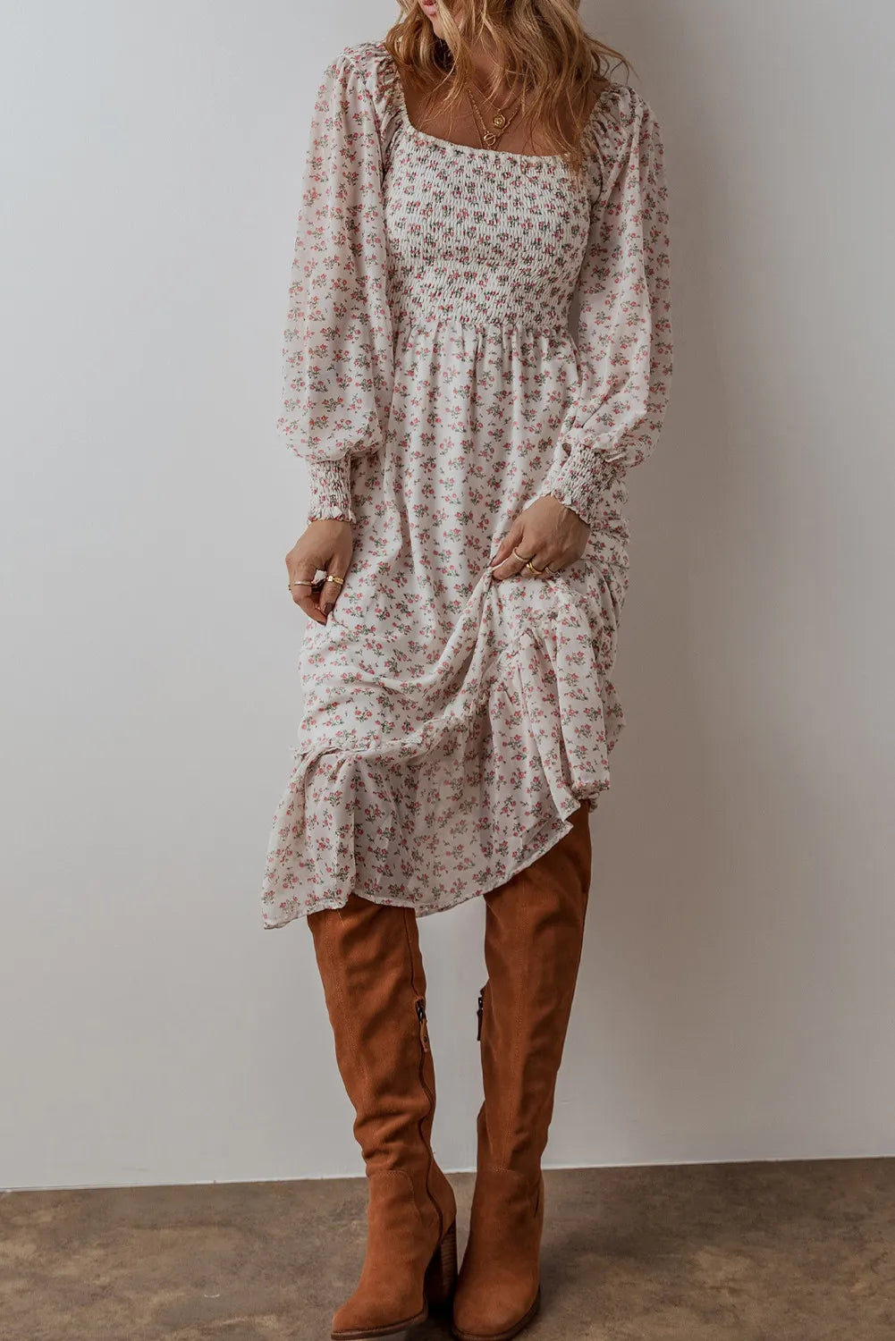 LIZAKOSHT  -  Smocked Floral Square Neck Long Sleeve Midi Dress