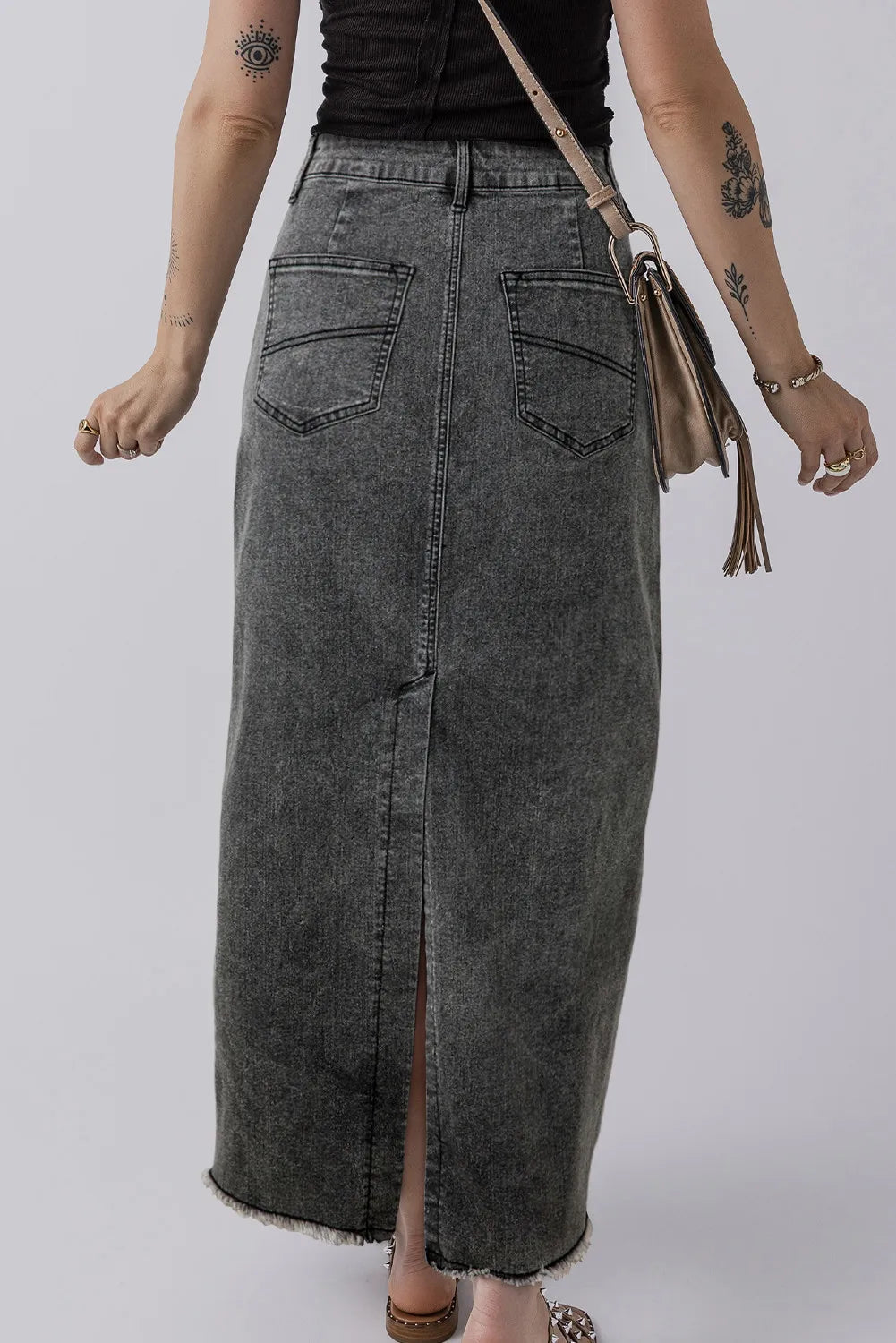 LIZAKOSHT  -  Raw Hem Midi Denim Skirt with Pockets