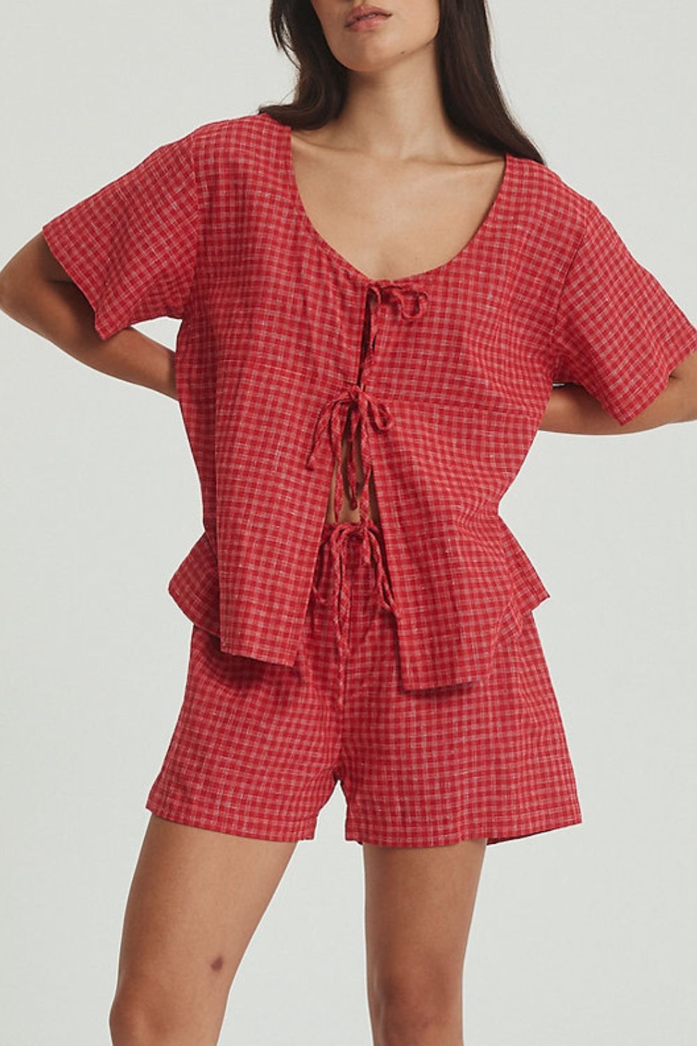 LIZAKOSHT  -  Plaid Tied Scoop Neck Short Sleeve Top and Drawstring Shorts Set