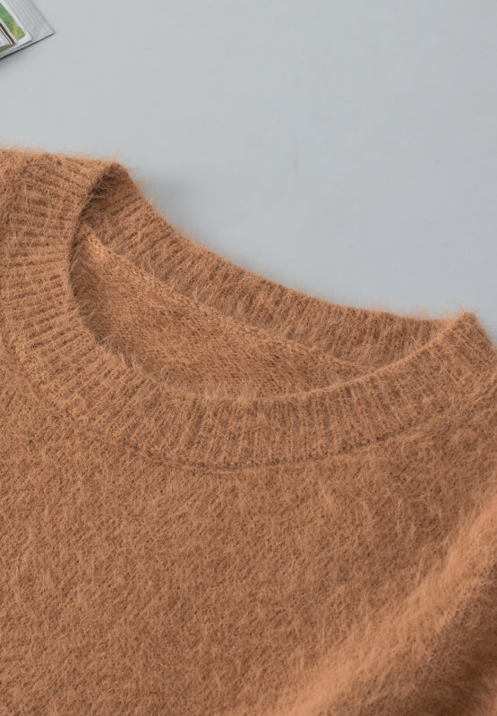 LIZAKOSHT  -  Fuzzy Round Neck Half Sleeve Sweater