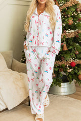 LIZAKOSHT  -  Christmas Printed Collared Neck Top and Pants Lounge Set