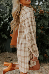 LIZAKOSHT  -  Plaid Collared Neck Long Sleeve Mini Shirt Dress