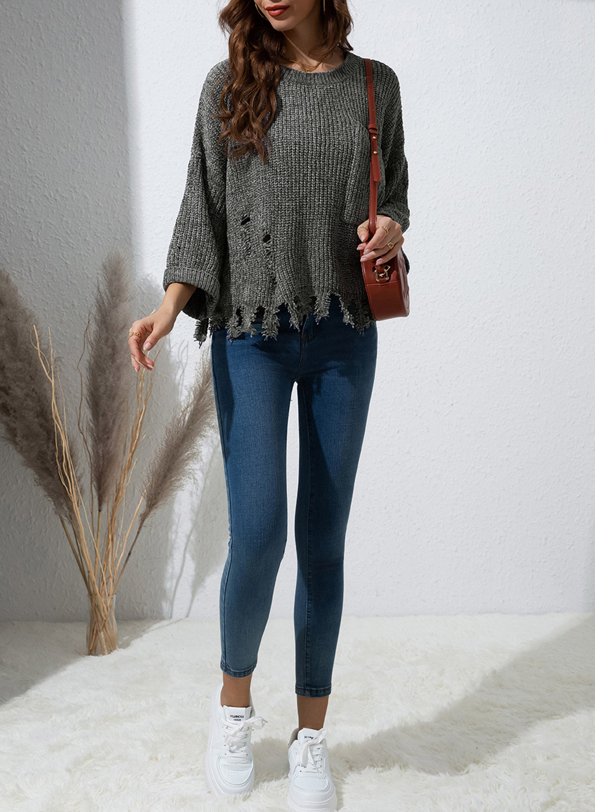 LIZAKOSHT  -  Distressed Round Neck Drop Shoulder Sweater