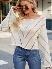 LIZAKOSHT  -  Openwork Boat Neck Long Sleeve Sweater