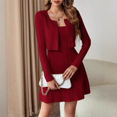 LIZAKOSHT  -  Ribbed Long Sleeve Cropped Cardigan and Cami Dress Set