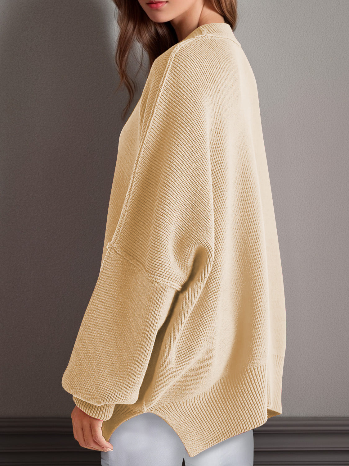 LIZAKOSHT  -  Double Take Side Slit Round Neck Long Sleeve Sweater