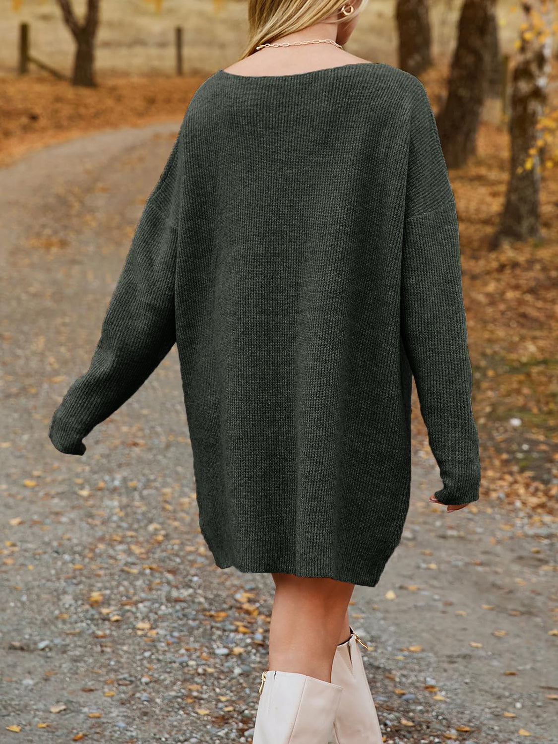 LIZAKOSHT  -  V-Neck Dropped Shoulder Sweater Dress
