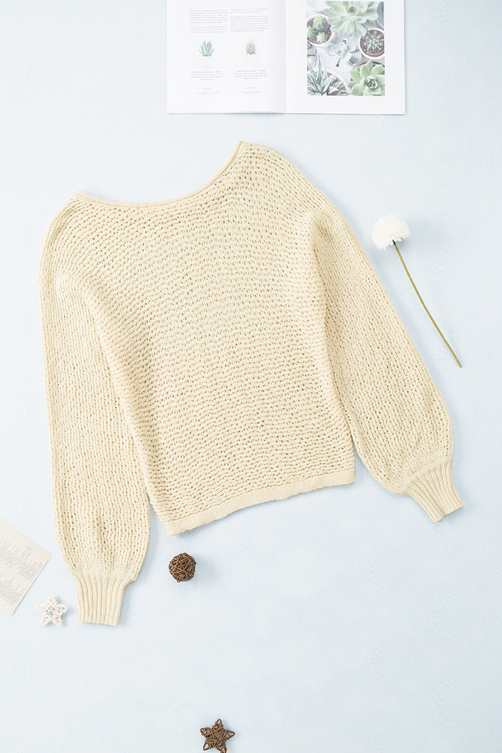 LIZAKOSHT  -  Openwork Boat Neck Raglan Sleeve Knit Top