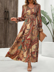 LIZAKOSHT  -  Smocked Printed V-Neck Flounce Sleeve Dress