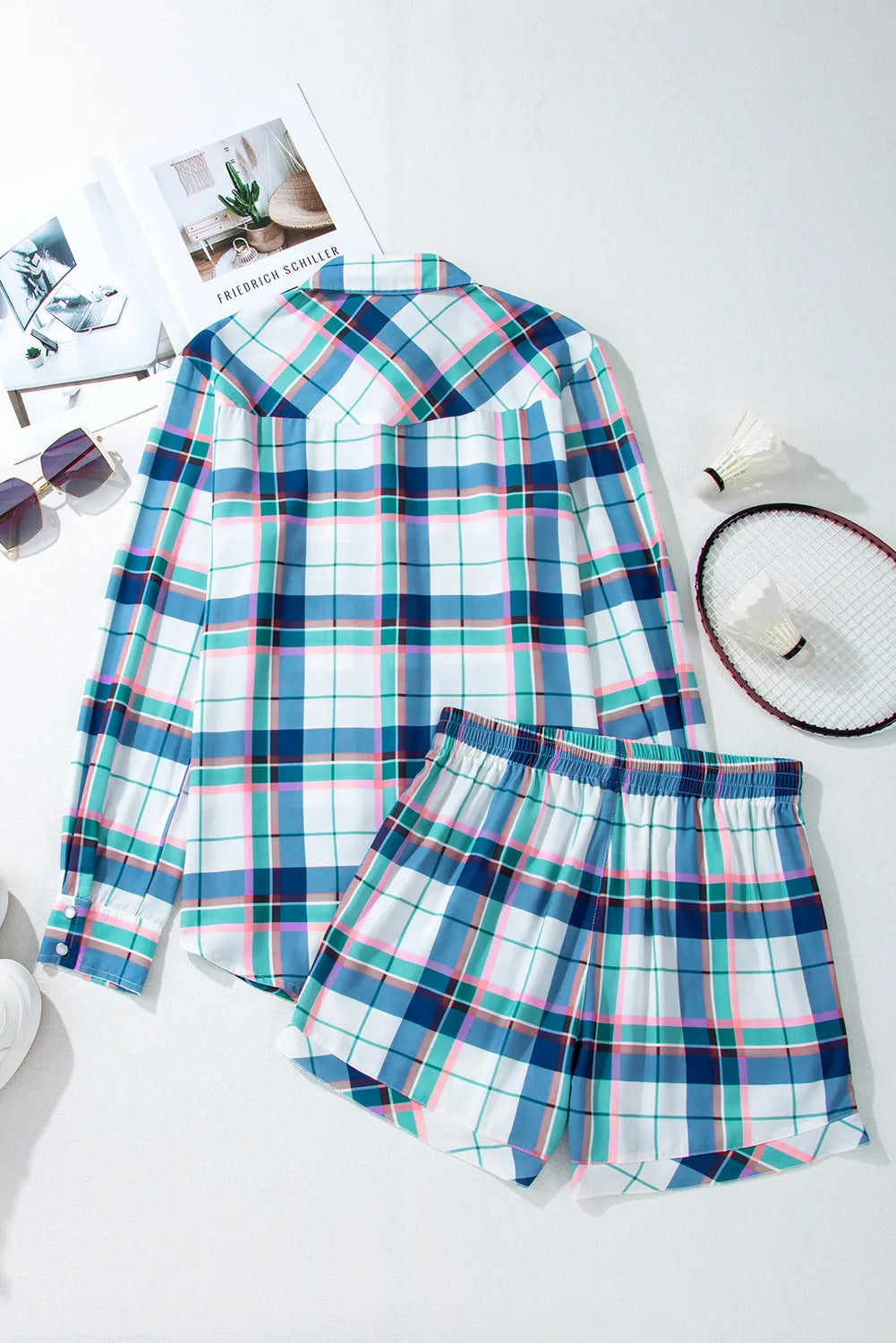 LIZAKOSHT  -  Plaid Snap Down Long Sleeve Top and Shorts Lounge Set