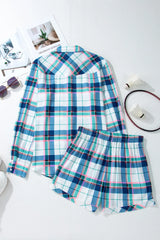 LIZAKOSHT  -  Plaid Snap Down Long Sleeve Top and Shorts Lounge Set