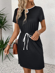 LIZAKOSHT  -  Tied Round Neck Short Sleeve Mini Dress