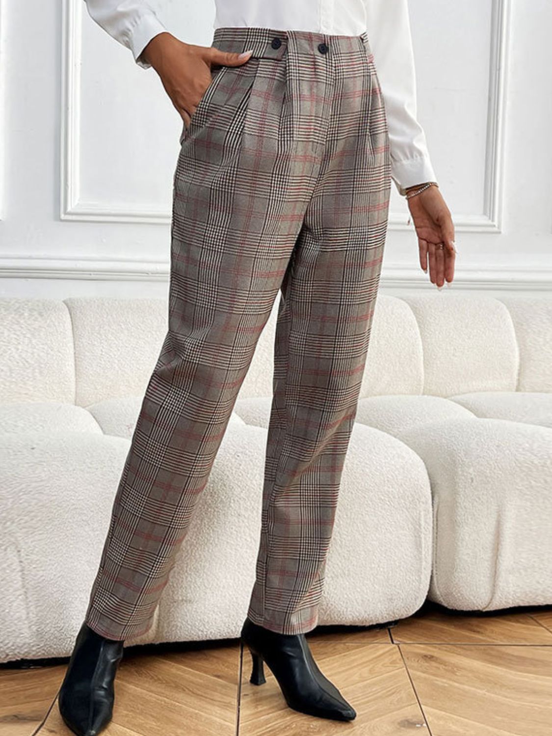 LIZAKOSHT  -  Perfee Plaid Straight Pants with Pockets
