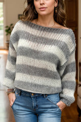 LIZAKOSHT  -  Striped Boat Neck Long Sleeve Sweater