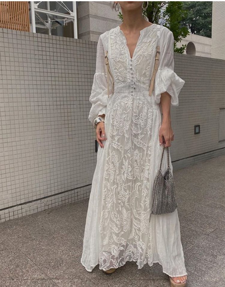 Lizakosht White Floral Embroidery Maxi Dress Vintage Boho Long Lantern Sleeve Dress Women V-neck Holiday Sexy Ladies Dresses
