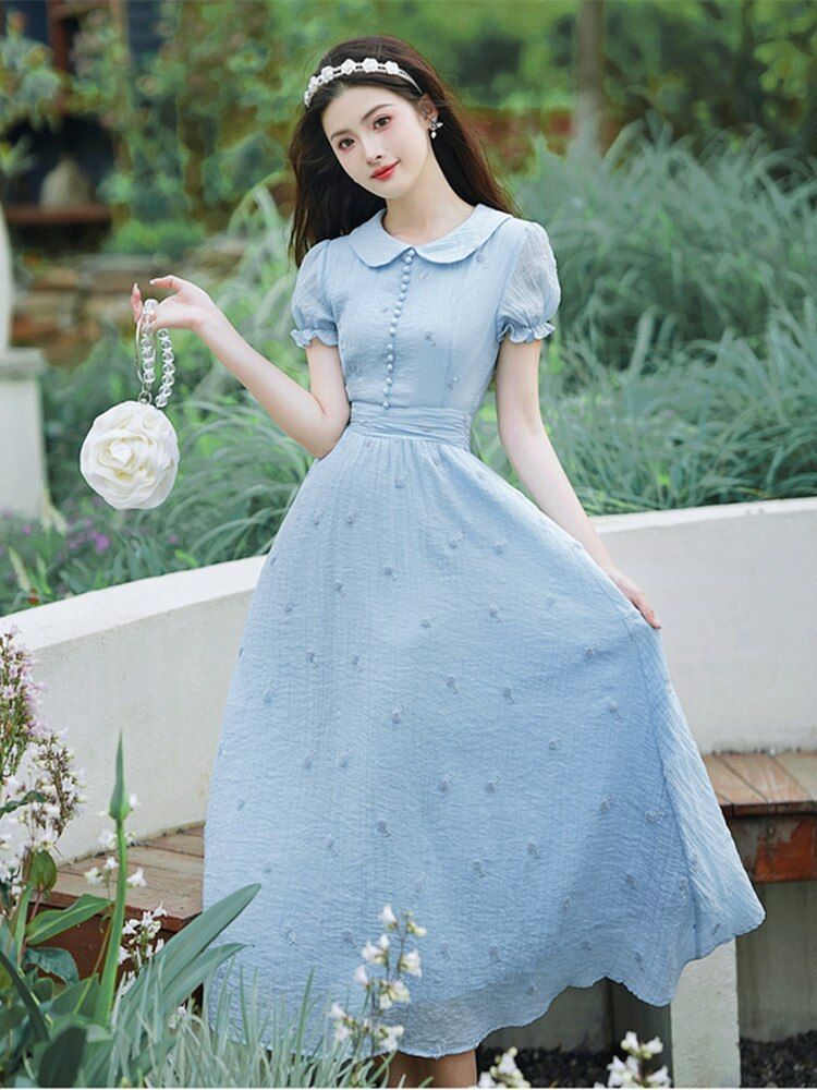 Lizakosht French Vintage Embroidery Dresses for Women's High Quality Short Sleeve Vestidos Blue Summer Peter pan Collar Sweet Dress