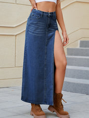 LIZAKOSHT  -  Slit Buttoned Denim Skirt with Pockets