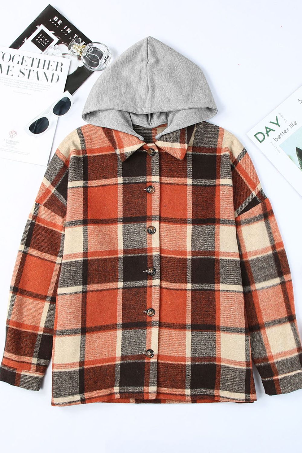 LIZAKOSHT  -  Plaid Button Up Hooded Shacket