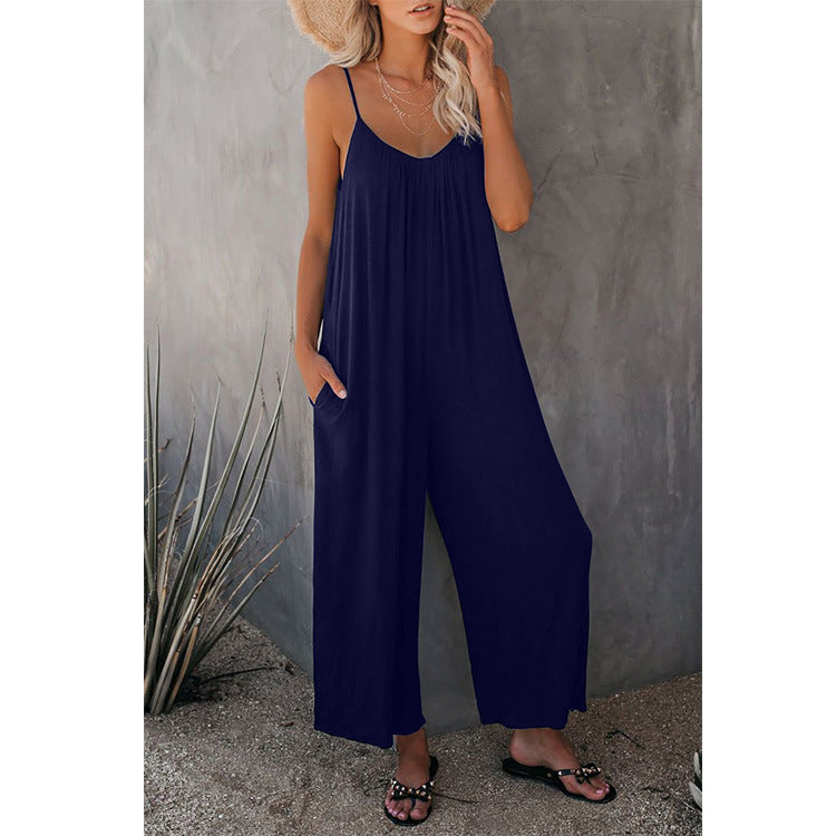 Women's Simple Adjustable Strap Sleeveless Wide Leg Jumpsuit with Pockets for Spring, Summer Clothes Women, Lady Breathable Solid Loose Cami Jumpsuit for Women, New Trendy Comfort Summer One-Piece, Matching Long Pants Playsuit, Womenswear Overalls
