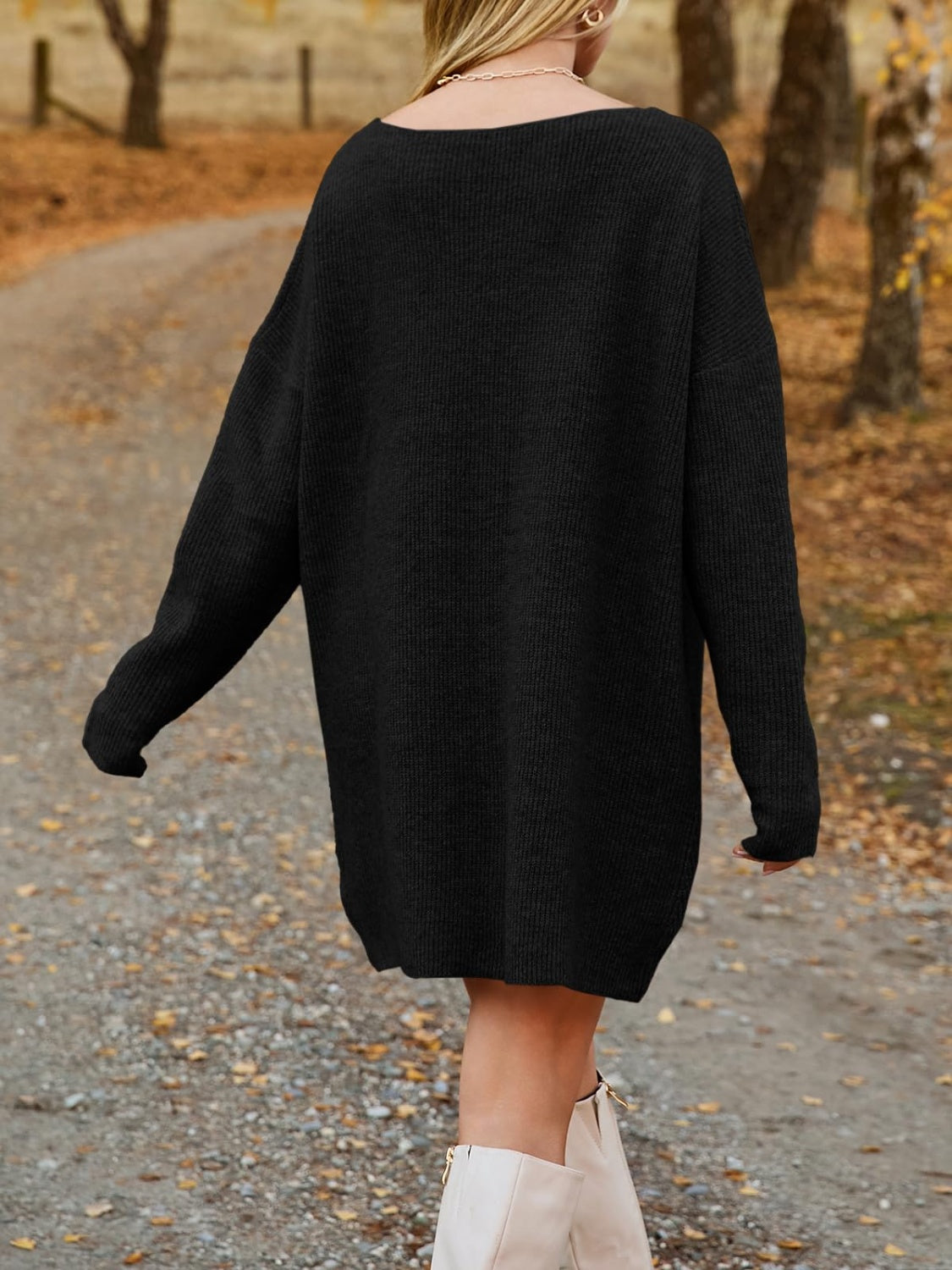 LIZAKOSHT  -  V-Neck Dropped Shoulder Sweater Dress
