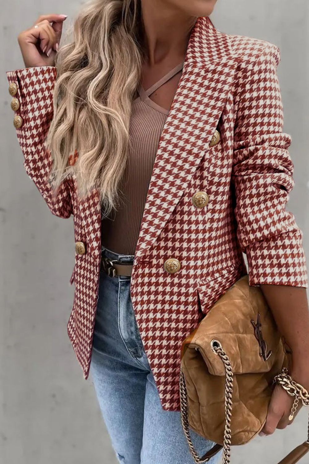 LIZAKOSHT  -  Houndstooth Collared Neck Double-Breasted Blazer