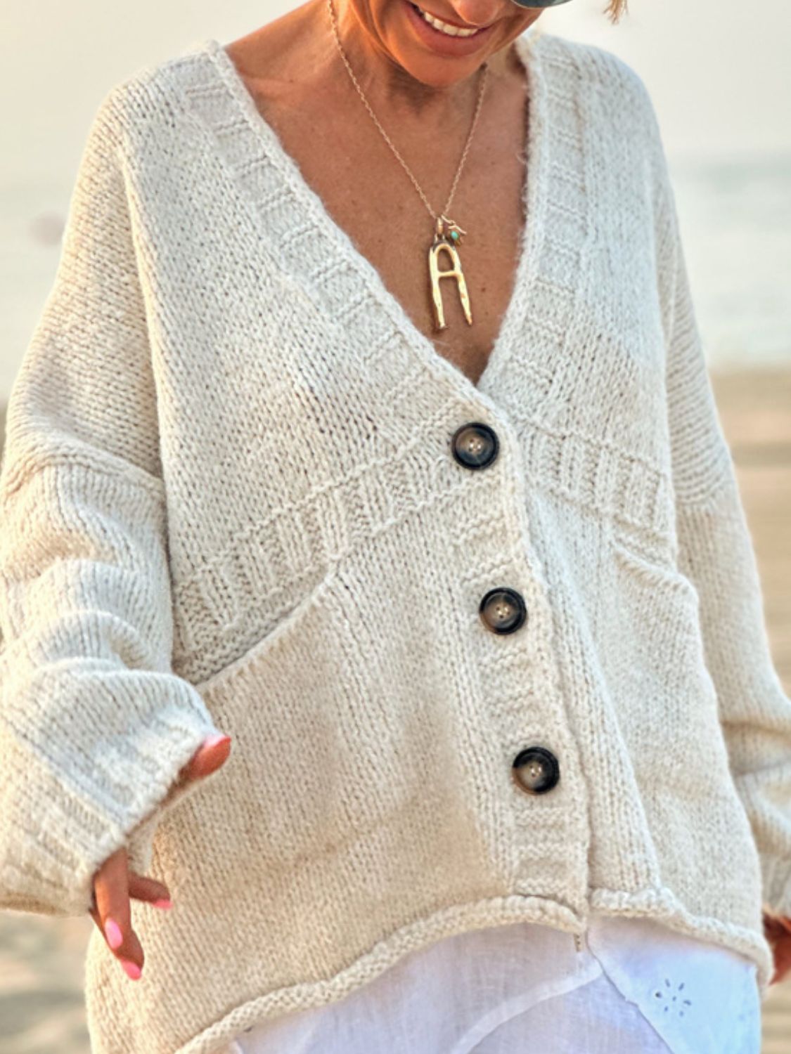 LIZAKOSHT  -  Pocketed V-Neck Button Up Cardigan